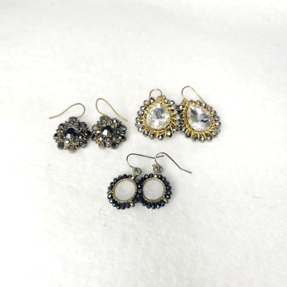 Three Pairs of Gold Gray Rhinestone Bead Earrings